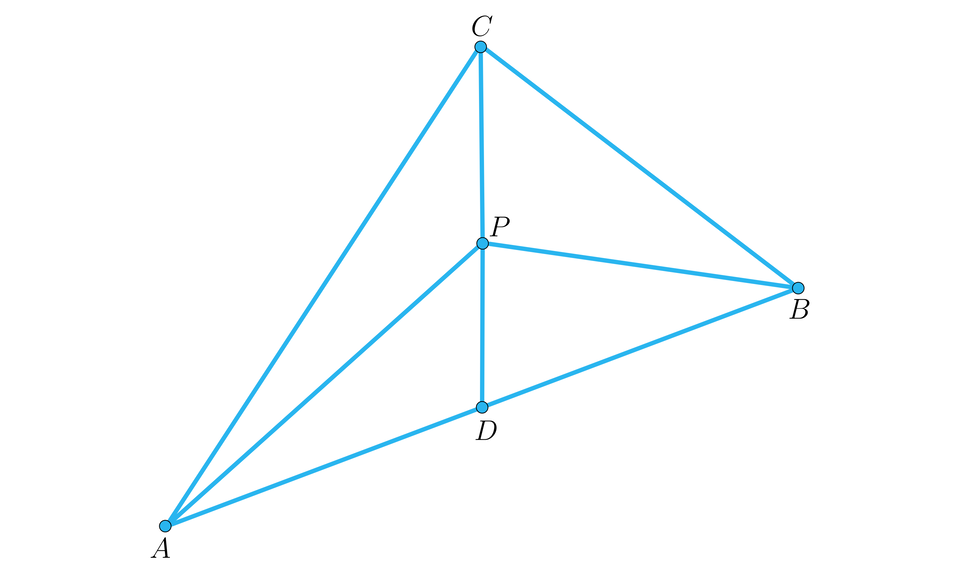 Na ilustracji przedstawiono trójkąt A B C. Z wierzchołka C poprowadzono środkową do punktu D, leżącego na boku A B. Z wierzchołka A poprowadzono środkową boku C B do punktu P, leżącego na środkowej C D. Z wierzchołka B poprowadzono środkową boku A C, do punku P. 