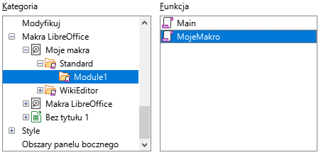 Ilustracja przedstawia die sekcje. W sekcji Kategorie wybrano Module1. W sekcji Funkcja wybrano: MojeMakro.  