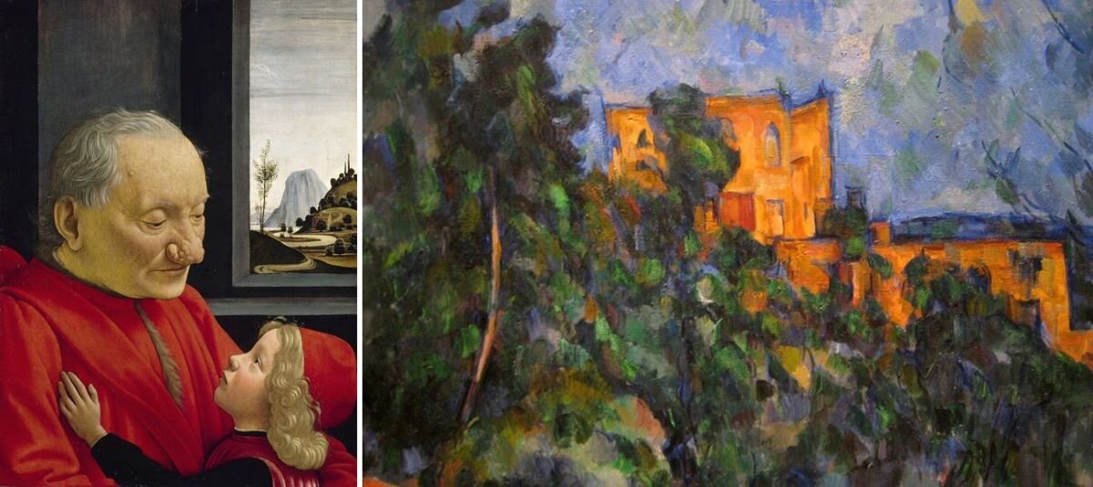 Ilustracja składa się z dwóch reprodukcji dzieł malarskich, ułożonych obok siebie. Z lewej: Ilustracja przedstawia obraz Domenica Ghirlandaio „Portret starca z wnukiem”. Na obrazie znajduje się starszy mężczyzna z małym chłopcem; obaj ubrani w czerwone stroje patrzą na siebie. Na nosie starszego mężczyzny znajdują się krosty, będące oznaką choroby. Wzrok mężczyzny jest smutny. Chłopiec rękę położył na piersi dziadka, patrzy na niego ze współczuciem. Za oknem rozpościera się daleki widok na krętą drogę i górę. Z prawej: Ilustracja przedstawiająca dzieło Paula Cézanne, „Czarny zamek”. Obraz ukazuje zamek przysłonięty sosnami. Budowla jest żółto‑pomarańczowa, kontrastuje z niebieskim niebem i odbija się na tle ciemnych drzew. Budynki obwiedzione są niebieskim konturem. Obraz malowany jest szeroką plamą, barwną z widoczną fakturą.