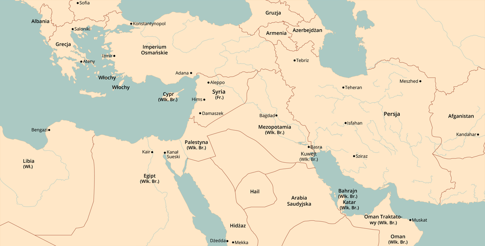 Mapa przedstawia granice państw na Bliskim Wschodzie wraz w kawałkiem północnej Afryki oraz półwyspem Bałkańskim. Są na niej kraje: Albania, Grecja, Imperium Osmańskie, Gruzja Armenia, Azerbejdżan, Persja, Afganistan, Syria, Mezopotamia, Palestyna, Kuwejt, Bahrajn, Katar, Oman, Arabia Saudyjska, Hail, Hidżaz, Egipt oraz Libia. Obok Grecji znajdują się też wyspy włoskie.
