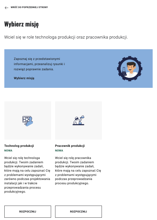 Ilustracja przedstawia ekran wprowadzający w grę edukacyjną - możliwość wyboru misji w grze. 