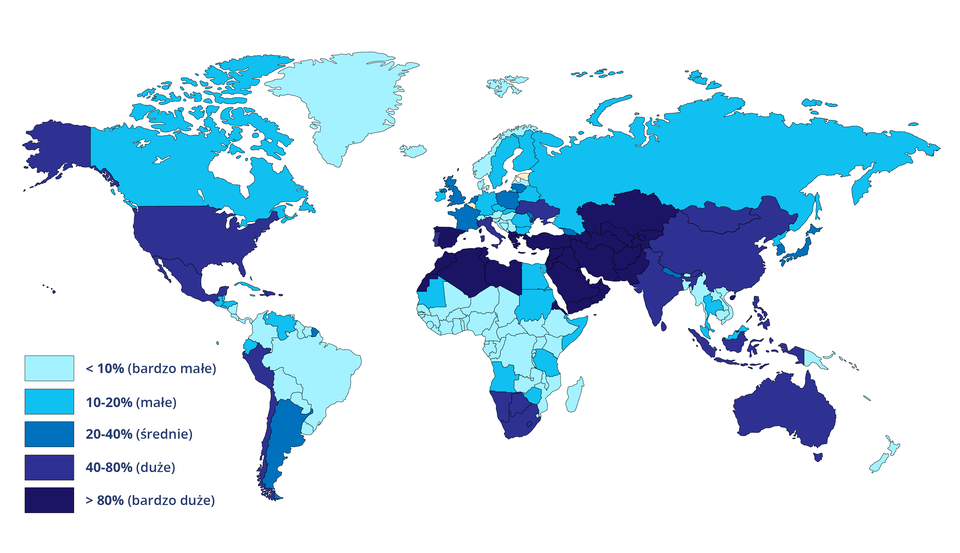 Na mapie świata zaznaczono prognozowane wykorzystanie odnawialnych zasobów wodnych w krajach świata w 2040 r. Bardzo duże, powyżej 80%: kraje północnej Afryki z wyjątkiem Egiptu, kraje Bliskiego Wschodu, oraz Afganistan, Pakistan, Kazachstan, Uzbekistan, Turkmenistan, Kirgistan, Tadżykistan, Hiszpania, Grecja, Albania, Czarnogóra. Duże, od 40 do 80%: USA, Meksyk, Peru,  Chile, RPA, Botswana, Namibia, Ukraina, Włochy, Mongolia, Chiny, Indie, Indonezja, Australia. Średnie, od 20 do 40%: Argentyna, Francja, Polska, Wielka Brytania, Litwa, Holandia, Mołdawia, Gruzja, Nepal, Japonia, Korea Południowa. Od 10 do 20%, czyli małe: Kanada, Wenezuela, Ekwador, Honduras, Gwatemala, Mauretania, Egipt. Sudan, Somalia, Kenia, Angola, Zimbabwe, Niemcy, Czechy, Słowacja, Rumunia, Bułgaria, Łotwa, Irlandia, Tajlandia, Rosja. W pozostałych krajach poniżej 10%, bardzo małe.              