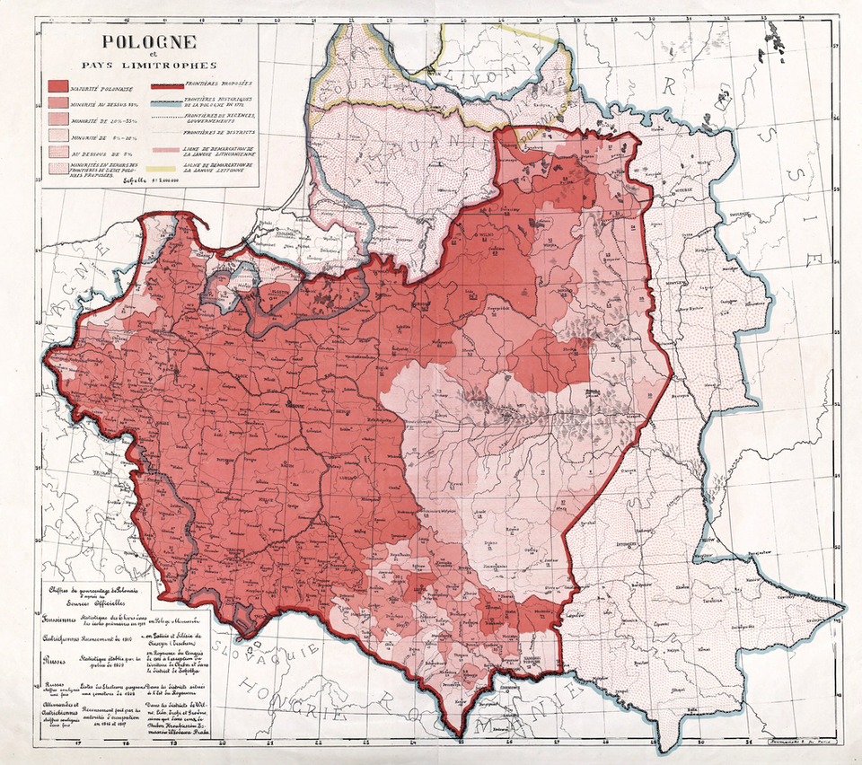 Stara lekko zniszczona mapa przedstawia obszary, na których używany jest język Polski. Są to Śląsk, Wielkopolska, Pomorze Gdańskie, Południowe Prusy, Mazowsze, Lubelszczyzna, Małopolska, Północna Białoruś i południowo zachodnia Ukraina. Na mapie zaznaczono również granice pierwszej Rzeczpospolitej. 
