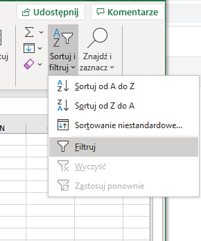 Zrzut ekranu z arkusza Excel. Z paska opcji wybrano Sortuj i filtruj, gdzie w rozwiniętym menu zaznaczono Filtruj. 