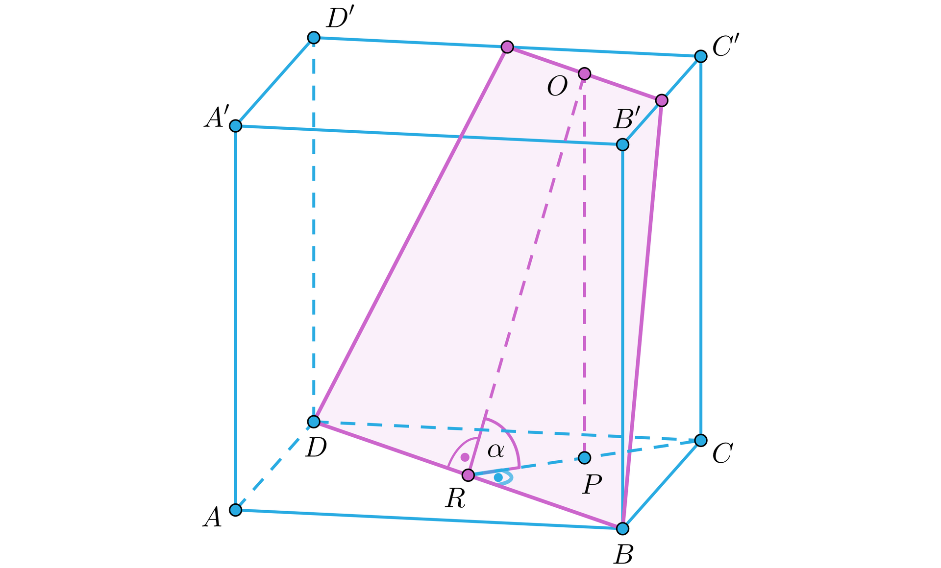 Na ilustracji przedstawiono prostopadłościan o dolnej podstawie ABCD, oraz górnej A'B'C'D'. Odpowiednio nad wierzchołkiem A znajduje się wierzchołek A', nad B znajduje się B' i tak dalej. Zaznaczono punkt na krawędzi D'C', oraz C'B', które połączono z wierzchołkami B i D dolnej podstawy w taki sposób, że powstał przekrój prostopadłościanu, którego płaszczyznę stanowi trapez. Z punktu O, na górnej podstawie trapezu, poprowadzono jego wysokość, której spodek leży w punkcie R, na podstawie BD. Z punktu O, poprowadzono także wysokość prostopadłościanu, której spodek leży w punkcie P, na wysokości RC, trójkąta BCD. ∠ORP oznaczono alfa.