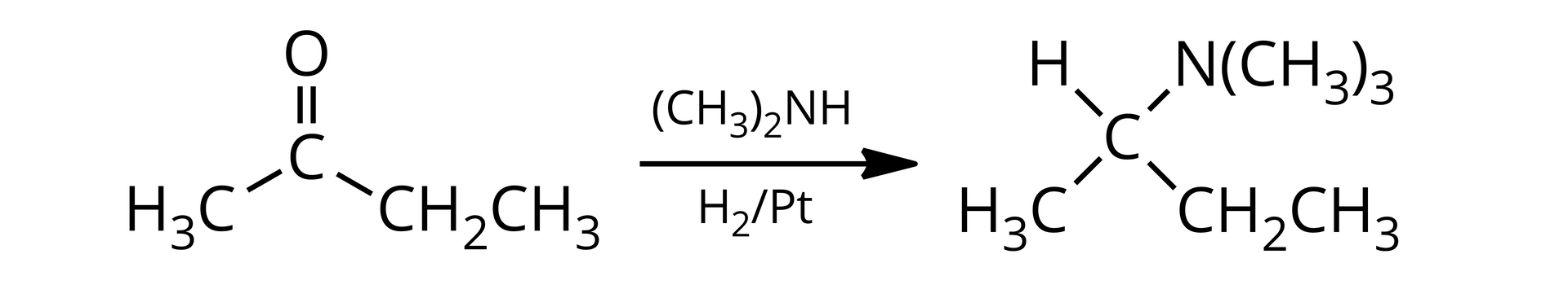 Ilustracja przedstawiająca równanie reakcji chemicznej. Cząsteczka związku karbonylowego zbudowanego z atomu węgla połączonego za pomocą wiązania podwójnego z atomem tlenu oraz za pomocą wiązań pojedynczych z podstawnikiem metylowym CH3 i z podstawnikiem etylowym CH2CH3. Strzałka w prawo, nad strzałką wzór dimetyloaminy zbudowanej atomu azotu podstawionego wodorem oraz dwiema grupami metylowymi CH32NH. Pod strzałką wodór H2 na platynie Pt. Za strzałką cząsteczka aminy zbudowana z atomu węgla połączonego za pomocą wiązań pojedynczych z następującymi podstawnikami. Metylowym CH3,  etylowym CH2CH3, z atomem wodoru oraz z atomem azotu podstawionym dwiema grupami metylowymi CH3.