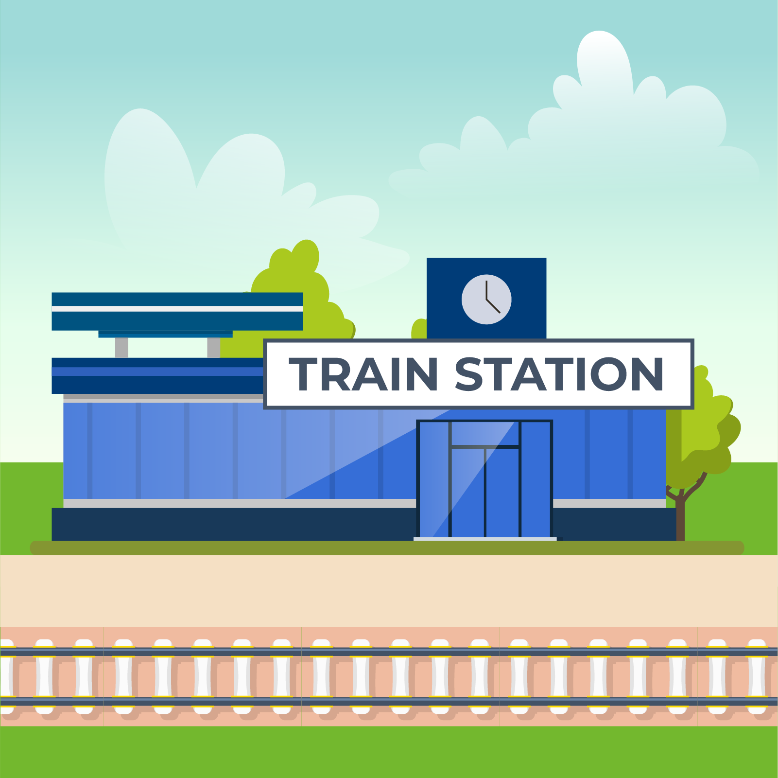 Ilustracja przedstawia stację kolejową. Budynek jest niski i niemal całkowicie przeszklony. Nad wejściem znajduje się zegar wskazujący godzinę piątą. Przed budynkiem stacji biegną tory kolejowe. Za budynkiem widać dwa drzewa. Na budynku znajduje się napis train station.