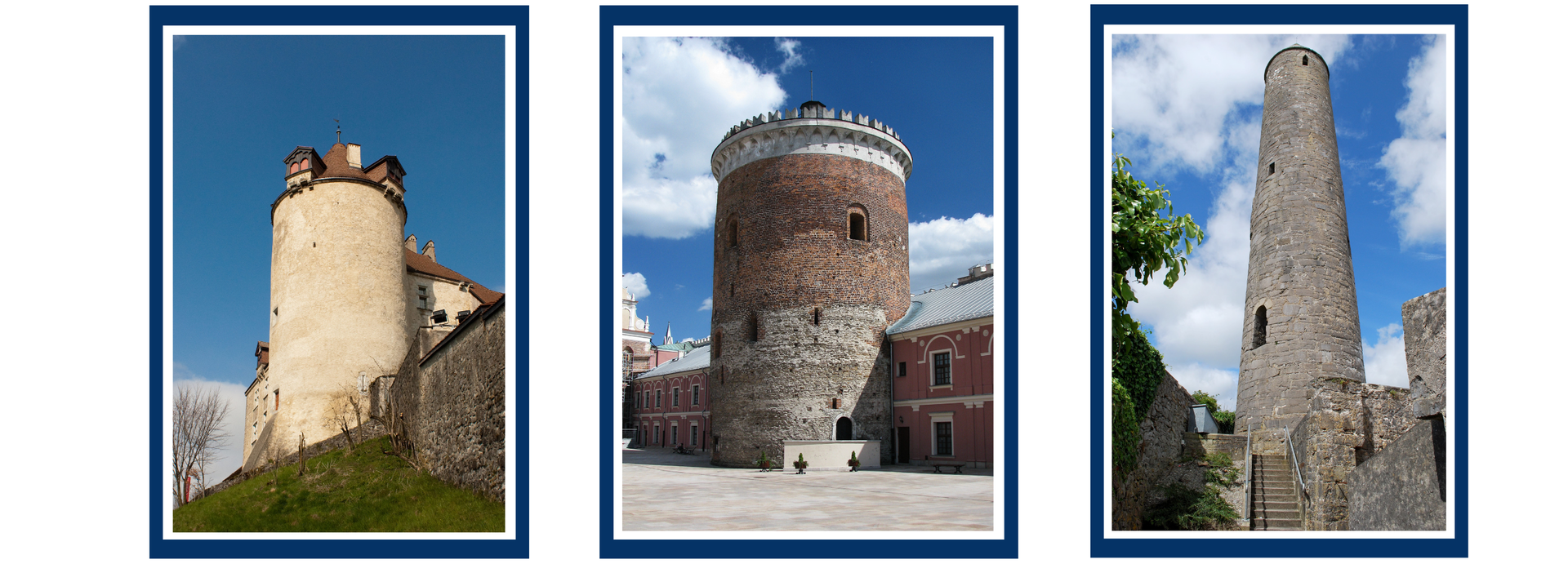 Zdjęcia trzech różnych budowli w kształcie okrągłej wieży.