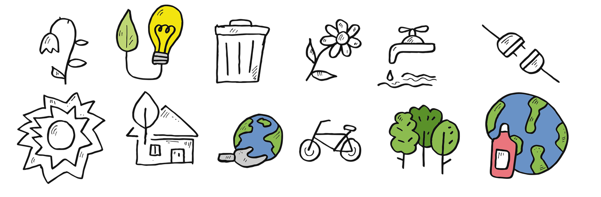 Na fotografii widoczne są ilustracje sposobów dbania o środowisko. Na pierwszej z nich widnieje roślina na cienkiej łodyżce z kwiatem skierowanym w dół. Na drugiej ilustracji przedstawiona jest żółta żarówka z zielonym listkiem na końcu kabla. Na trzeciej widoczny jest pojemnik na odpady. Na czwartej grafice widnieje roślina z kwiatem o siedmiu płatkach. Na piątej dostrzegalny jest kran z kapiącą wodą. Na szóstej ilustracji dostrzec można kabel i wtyczkę, leżące obok siebie w niewielkiej odległości. Na siódmej, widoczne jest świecące słońce. Na ósmej ilustracji widnieje dom z dużym listkiem, przysłaniającym część dachu. Na dziewiątym zdjęciu przedstawiona jest zielono‑niebieska kula ziemska na szarej dłoni. Na dziesiątej, widoczny jest rower. Na jedenastej ilustracji przedstawione są trzy zielone drzewa. Na dwunastej ilustracji jest zielono‑niebieska kula ziemska, obok której stoi czerwony pojemnik.