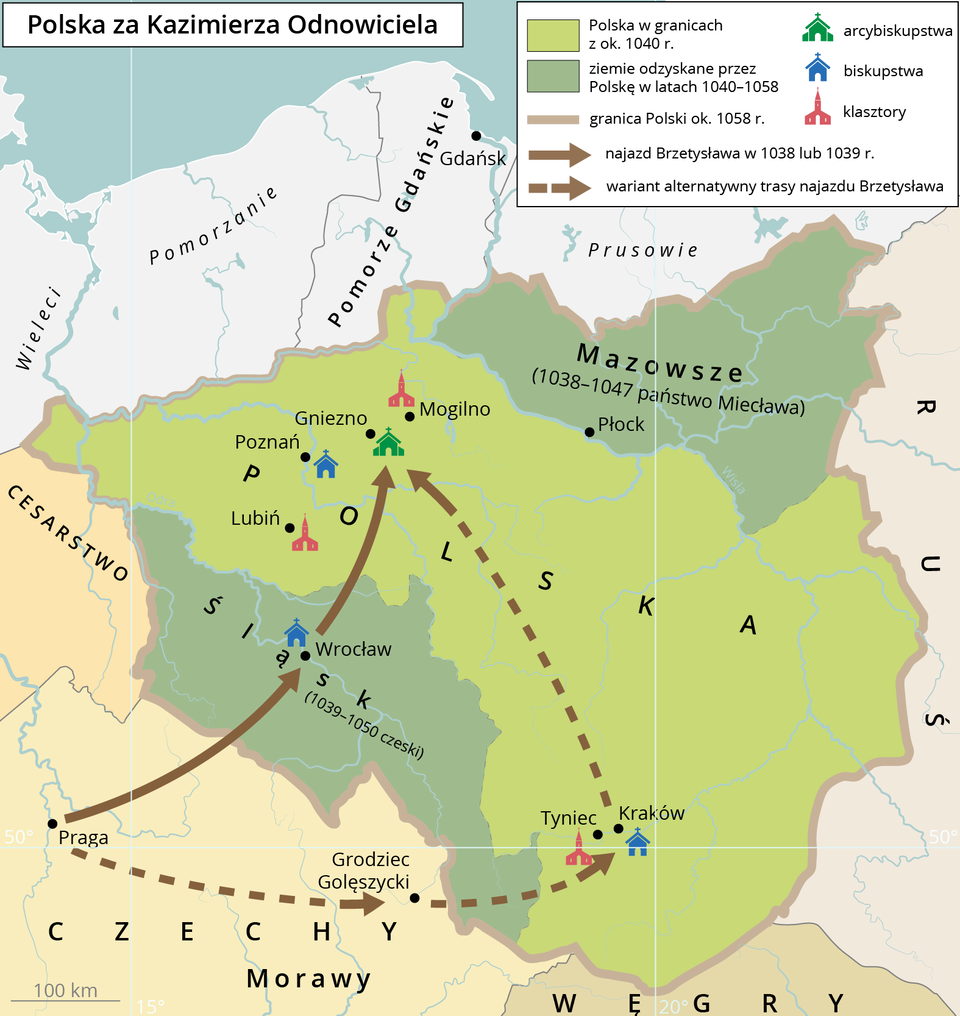Mapa przedstawia Polskę za czasów Kazimierza Odnowiciela.  Około 1040 roku Polska zajmowała obszar Wielkopolski i Małopolski. Od 1040 do 1058 roku Polska odzyskała Śląsk od Czechów i Mazowsze od Państwa Miecława. W 1038 lub 1039 roku z Czech na Polskę najechał Brzetysław. Z Pragi wyruszył do Wrocławia, a następnie do Gniezna.  Alternatywny wariant mówi o tym że z Pragi Brzetysław ruszył do Grodźca Golęszyckiego, następnie do Krakowa i stamtąd do Gniezna. Arcybiskupstwo znajdowało się w Gnieźnie. Biskupstwa znajdowały się w Krakowie, Poznaniu i Wrocławiu, a klasztory w Tyńcu, Lubinie i Mogilnie. 