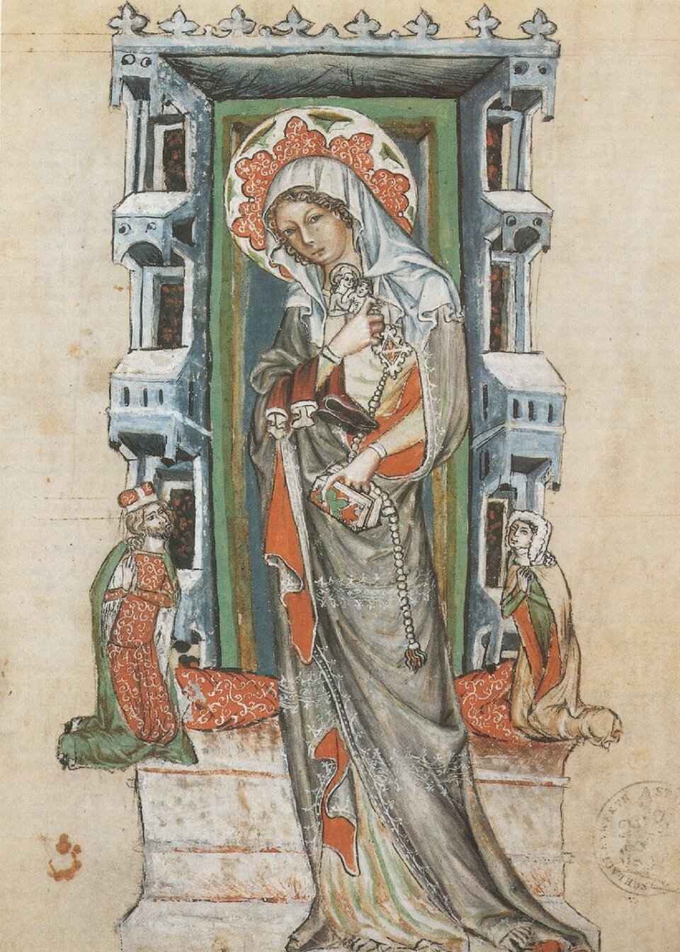 Ilustracja przedstawia miniaturę z wizerunkiem św. Jadwigi pochodzącą z  „Żywota św. Jadwigi”, Ukazuje kobietę w długiej szarej szacie, stojącą na tle drzwi, po których bokach klęczą donatorzy. Na futrynie drzwi znajdują się budynki.  Tło karty jest niezamalowane. 