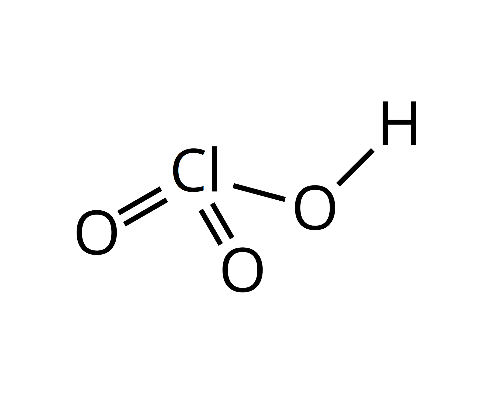 Ilustracja przedstawia wzór półstrukturalny. Atom chloru tworzy wiązania podwójne z dwoma atomami tlenu oraz jedno wiązanie pojedyncze z atomem tlenu podstawionym atomem wodoru.
