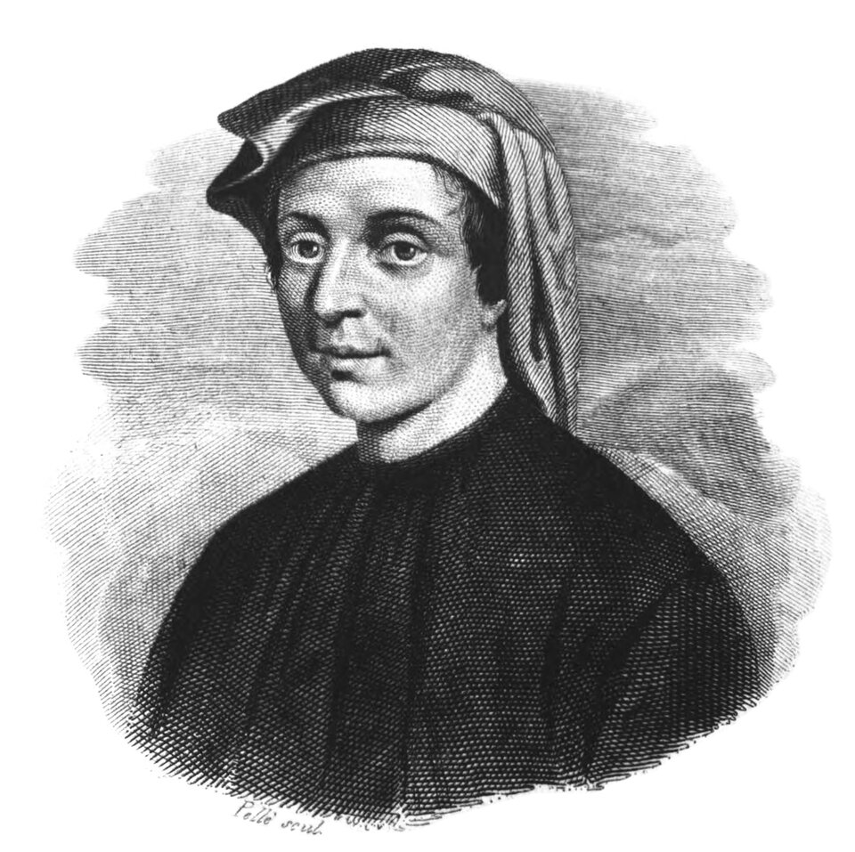 Portret Leonardo Fibonacciego przedstawiający postać ubraną w długą, ciemną szatę z szerokimi ramionami. Na głowie widoczny jest charakterystyczny średniowieczny kaptur z długim, opadającym fałdem materiału po lewej stronie. 