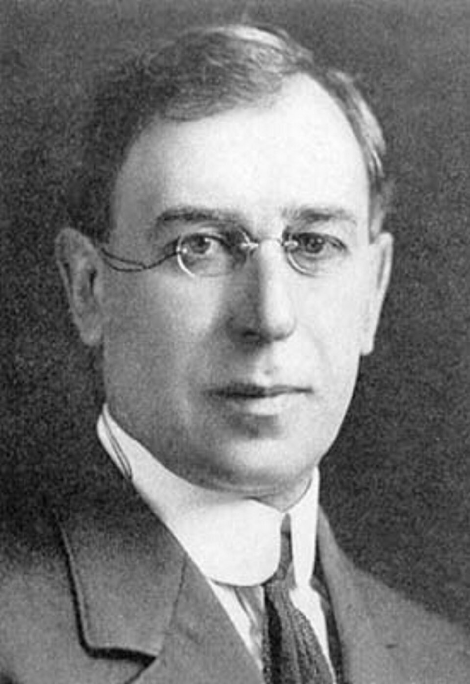 Zdjęcie czarno‑białe, portretowe przedstawiające Mosesa Gomberga amerykańskiego chemika pochodzenia rosyjskiego. Mężczyzna w średnim wieku z krótkimi zaczesanymi do tyłu na prawą stronę włosami. Jest lekko wyłysiały. Nosi zaokrąglone okulary bez oprawek. Ma prosty nos i łagodne rysy twarzy. Ubrany jest w ciemny garnitur i białą koszulę z eleganckim wysokim kołnierzem podwiązaną krawatem.