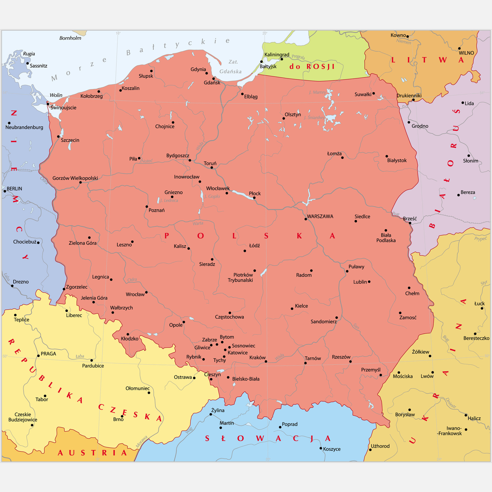 Grafika mapy przedstawiającej współczesną Polskę.