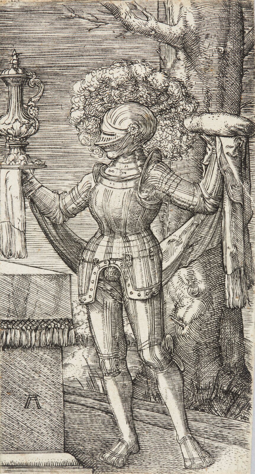 Rycina przedstawia stojącego przy stole rycerza. Jest on w pełnej zbroi, na głowie ma hełm z pióropuszem. W prawej ręce trzyma duży dzban, w lewej bochenek chleba.
