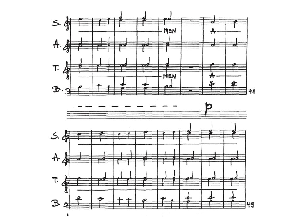 Ilustracja przedstawia zapis nutowy utworu Amen Henryka Mikołaja Góreckiego.Utwór zapisany jest na cztery głosy chóralne: sopran (S.), alt (A.), tenor (T.) i bas (B.). Tenor zapisany jest w kluczu wiolinowym z ósemką (oktawa niżej). Partytura jest rękopiśmienna. Utwór rozpoczyna się w metrum 2/4, z tempem Lento e tranquillo. W dalszej części pojawia się zmiana tempa na poco avanti z oznaczeniem espressivo. Jedyne słowo to „Amen", rozbite sylabicznie na „A–ME–N", powtarzane przez cały utwór we wszystkich głosach. Utwór rozpoczyna się w dynamice piano, następnie w okolicach taktu 33 pojawia się crescendo, które prowadzi do fortissimo osiągniętego około taktu 57–65. Końcowy fragment (ostatnia strona) przynosi wyciszenie przez mezzo forte do piano, zamykając utwór spokojnie. Początkowo faktura jest prosta, oparta na długich wartościach nutowych (półnuty, całe nuty) z pauzami. W miarę rozwoju utwór zagęszcza się i pojawiają się krótsze wartości, chromatyczne alteracje (krzyżyki) oraz coraz gęstsze współbrzmienia we wszystkich głosach równocześnie. Rytmika jest jednorodna i powtarzalna, oparta na stopniowych przekształceniach tego samego motywu.