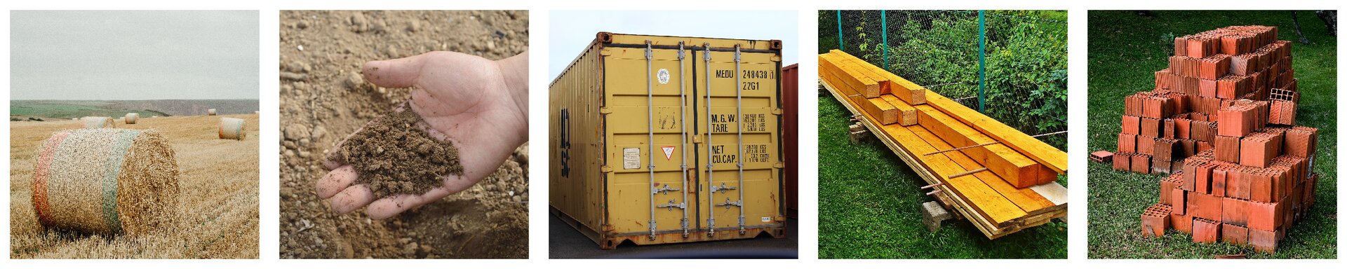 Ilustracja przedstawia pięć kwadratowych zdjęć, ułożonych poziomo w jednej linii. Przedstawiają kolejno: balot siana na skoszonym polu. Męską dłoń trzymającą grudę ziemi, żółty kontener morski, stos desek i belek, dwa stosy czerwonych cegieł na trawie. 