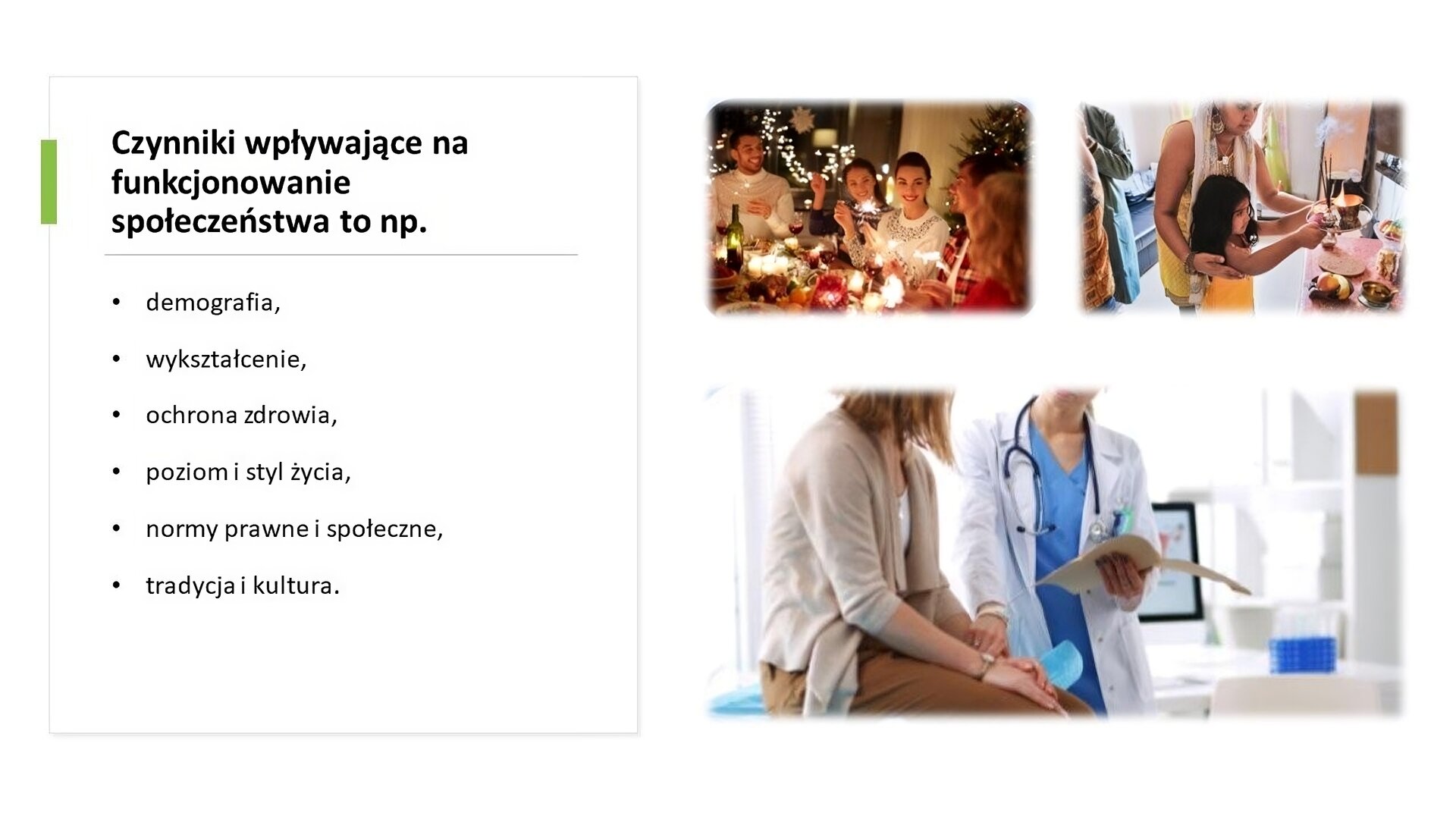 Biały slajd, na którym umieszczone zostały trzy zdjęcia i tekst. Z prawej strony slajdu, w jego górnej części, dwa zdjęcia. Pierwsze przedstawia grupę osób siedzących przy stole. Ubrani są w swetry. Na stole stoją potrawy oraz dużo zapalonych świec. Drugie zdjęcie przedstawia dorosłą kobietę, która pomaga małej dziewczynce zapalić świeczkę na domowym ołtarzyku. Pod zdjęciami, w prawym dolnym rogu, znajduje się trzecie zdjęcie. Przedstawia dwie kobiety. Jedna z nich siedzi na kozetce, a obok niej stoi druga, lekarka, ubrana w biały kitel. Na szyi przewieszony ma stetoskop. Z lewej strony slajdu tekst: „Czynniki wpływające na funkcjonowanie społeczeństwa to na przykład: demografia, wykształcenie, ochrona zdrowia, poziom i styl życia, normy prawne i społeczne, tradycja i kultura”.