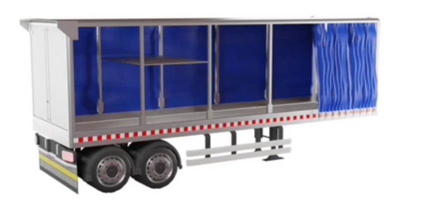 Zdjęcie przedstawia firanę samochodu ciężarowego. Naczepa jest częściowo zasłonięta firaną umocowaną w górnej i w dolnej części naczepy. Wewnątrz naczepy widoczny jest stelaż, na którym rozpostarty jest materiał
