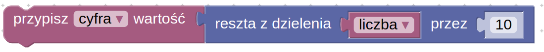 Ilustracja przedstawia bloki programu  Scratch pierwszy z napisem: przypisz, lista rozwijana cyfra koniec listy, wartość. Kolejny puzzel ma napis reszta z dzielenia. Trzeci puzzel to lista rozwijana, w której wybrana została liczba. Ostatni puzzel posiada napis przez dziesięć.
