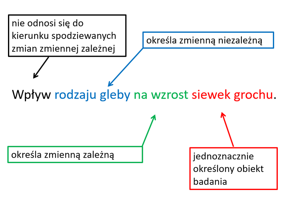 Grafika przedstawia analizę przykładowego pytania badawczego: „Wpływ rodzaju gleby na wzrost siewek grochu.” Część „Wpływ” oznaczona jest czarną strzałką i podpisem: „nie odnosi się do kierunku spodziewanych zmian zmiennej zależnej.” 
„Rodzaju gleby” zaznaczone jest kolorem niebieskim i oznaczone jako „określa zmienną niezależną.” „Na wzrost” (kolor zielony) wskazuje „zmienną zależną.” „Siewek grochu” (kolor czerwony) opisane jest jako „jednoznacznie określony obiekt badania.”