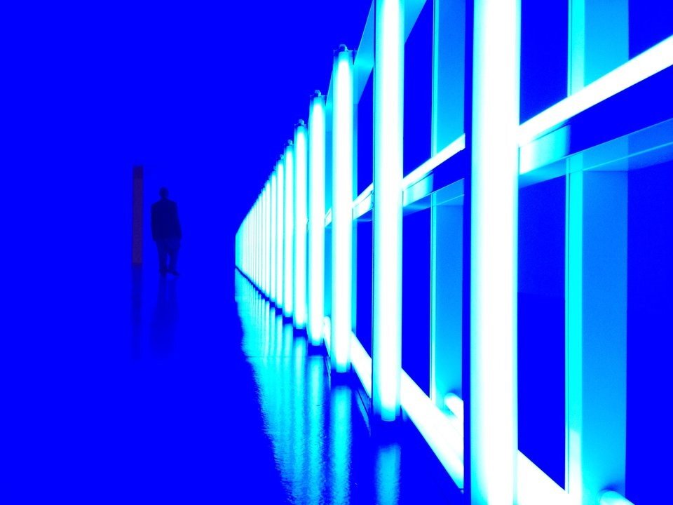 Ilustracja przedstawia dzieło Dana Flavina „Untitled”. Ukazuje environment z wykorzystaniem zimnego światła. Fotografia ukazuje niebieskie tło. Po lewej stronie znajdują się świetlówki. Po prawej stoi mężczyzna. Obraz przedstawiony jest do góry nogami i odbija się w poziomie.