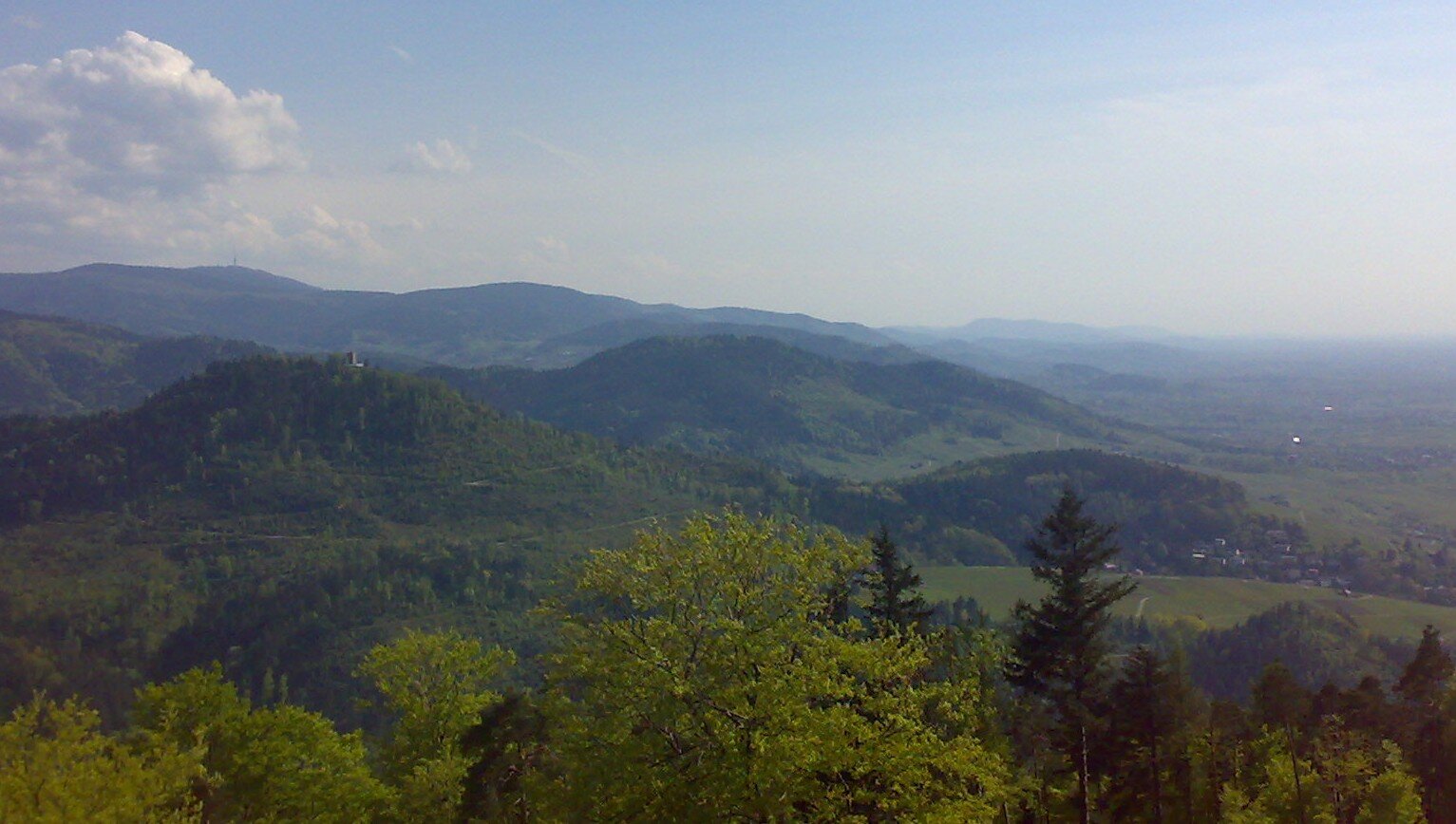 Na zdjęciu widoczny jest fragment pasma górskiego Schwarzald. Szczyty są zaokrąglone, prowadzą na nie łagodne zbocza w większości porośnięte są lasami. U podnóża gór znajdują się lasy i łąki.
