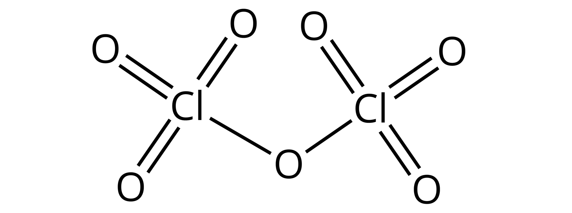 Ilustracja przedstawiająca wzór tlenku chloru(<math aria‑label="siedem">VII) zbudowanego z atomu tlenu O związanego za pomocą wiązań pojedynczych z dwoma atomami chloru Cl, z których każdy łączy się za pomocą wiązań podwójnych z trzema atomami tlenu. Wzór sumaryczny związku Cl2O7.