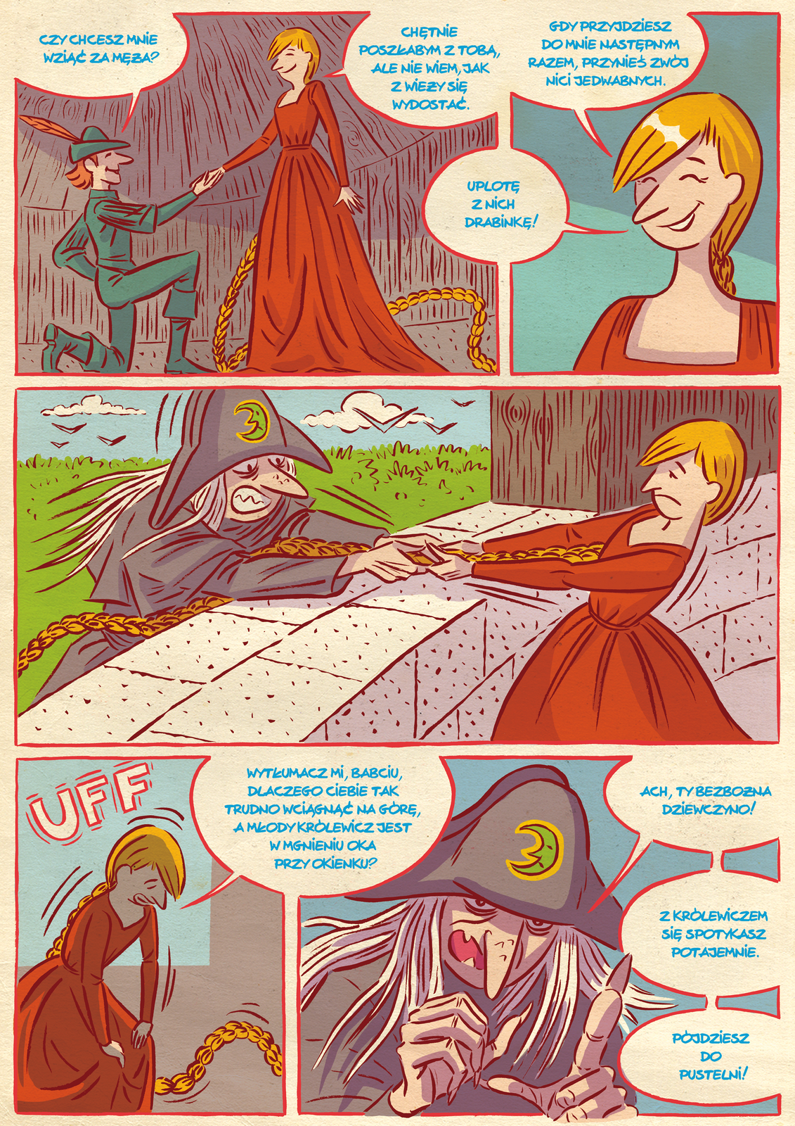 Komiks Roszpunka część druga. Obrazek pierwszy: Książę klęczy przed Roszpunką. Pyta ją: Czy chcesz mnie wziąć za męża? Roszpunka odpowiada: Chętnie poszłabym z tobą, ale nie wiem, jak z wieży się wydostać. Obrazek drugi: Uśmiechnięta Roszpunka mówi: Gdy przyjdziesz do mnie następnym razem, przynieś zwój nici jedwabnych. Uplotę z nich drabinkę.  Obrazek trzeci: Roszpunka trzyma warkocz, po którym wspina się czarownica. Dziewczyna ciągnie z trudem warkocz. Obrazek czwarty. Roszpunka zmęczona mówi: Wytłumacz mi babciu, dlaczego ciebie tak trudno wciągnąć na górę, a młody królewicz jest w mgnieniu oka przy okienku. Piąty obrazek. Czarownica z groźnie uniesionym palcem odpowiada: Ach, ty bezbożna dziewczyno! Z królewiczem się spotykasz potajemnie. Pójdziesz do pustelni.