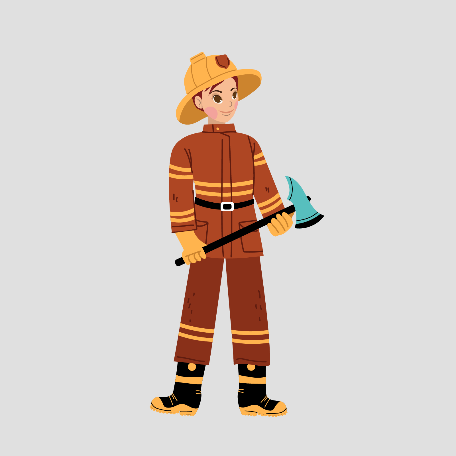 Ilustracja przedstawia dziewczynkę o imieniu  Mia  ubraną w strój strażaka. Nosi gruby mundur w kolorze musztardowym z elementami odblaskowymi oraz hełm. W dłoniach trzyma wielki topór.