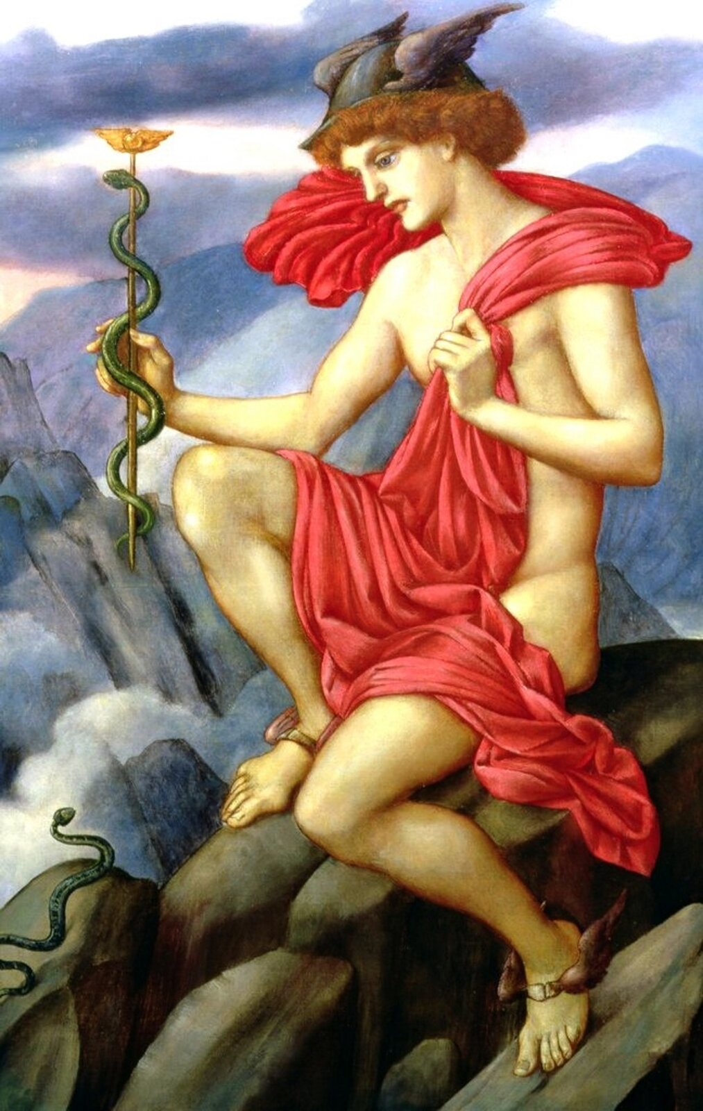 Kolorowa ilustracja przedstawia dzieło Evelyn De Morgan zatytułowane „Merkury”. W centrum obrazu ukazany jest młodzieniec siedzący na szczycie kamienistego wzniesienia. W tle, wśród chmur, majaczą wierzchołki skalistych gór. Bóg ubrany jest w czerwoną szatę. Na głowie ma charakterystyczny kapelusz ze skrzydełkami, w ręku kaduceusz, na stopach skrzydlate sandały. Spogląda na węża, który pełza po skale u jego stóp.