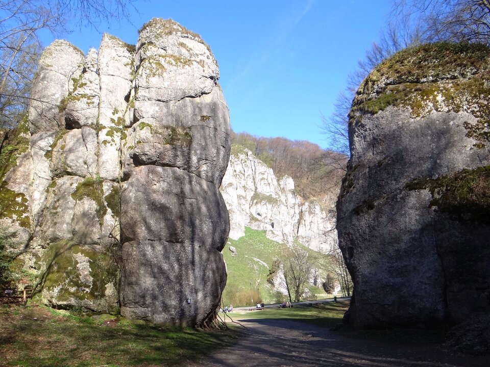 Na zdjęciu widnieje brama skalna utworzona w wapieniach – Brama Krakowska w Ojcowskim Parku Narodowym. Między dwoma wysokimi na około 30 metrów ścianami kamiennymi biegnie droga, przypomina to bramę. W oddali widać ludzi siedzących na ławkach, spacerujących po dalszych odcinkach drogi.
