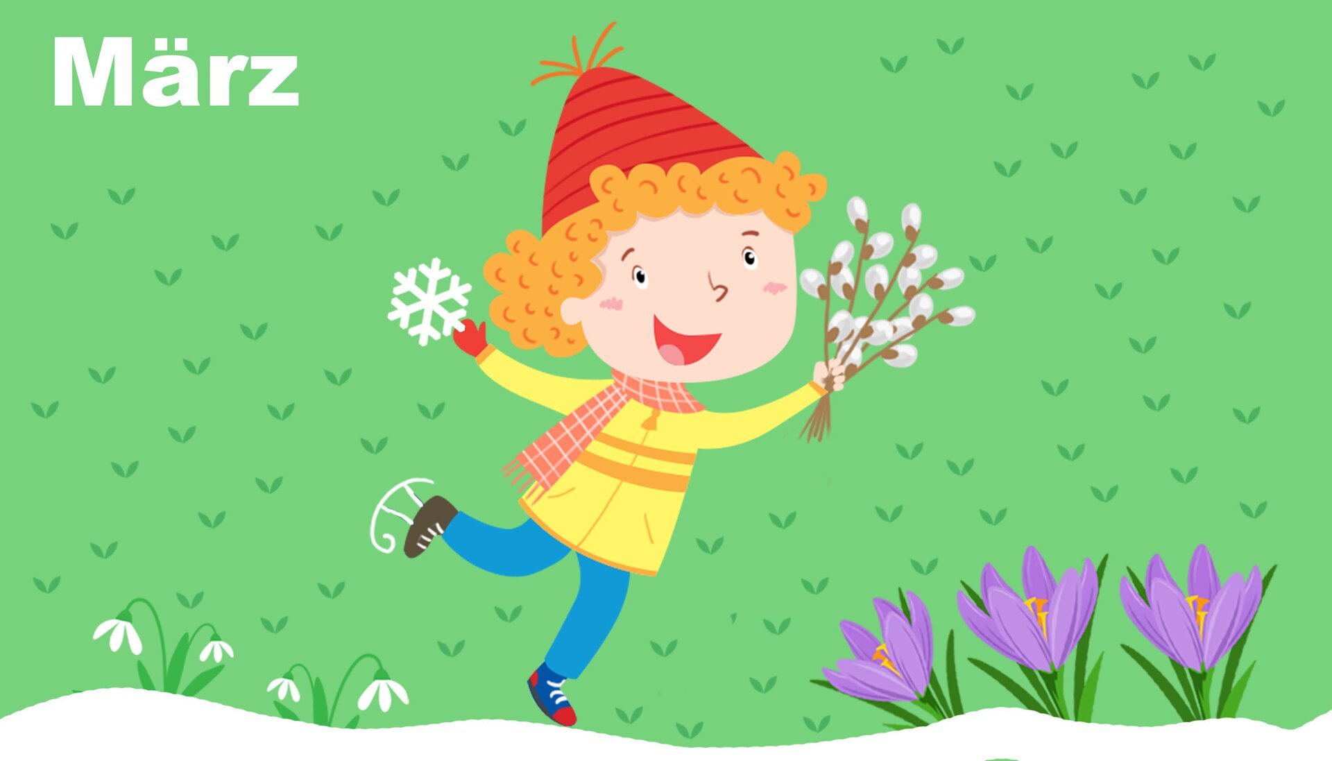 Na ilustracji znajduje się dziecko z baziami. Spod śniegu wyrastają kwiaty. 