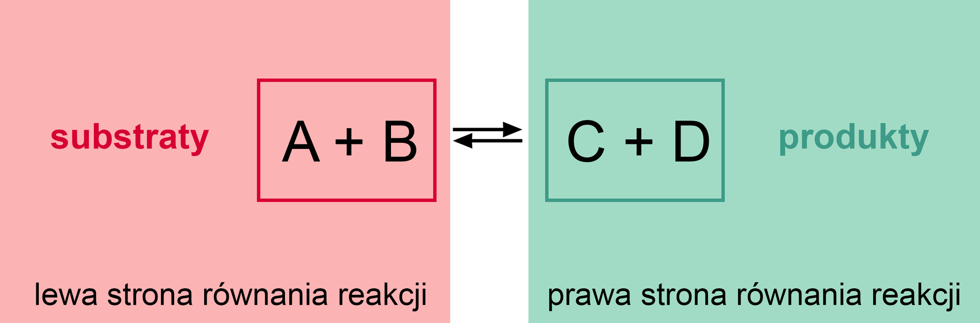 Ilustracja przedstawiająca równowagę reakcji chemicznej. Po lewej stronie równania znajdują się substraty wielka litera  A oraz wielka litera B, po prawej stronie produkty wielka litera C oraz wielka litera D. Pomiędzy substratami a produktami znajdują się dwie strzałki, pierwsza skierowana w  prawo i druga, pod pierwszą, skierowana w lewo, co stanowi o równowadze reakcji.
