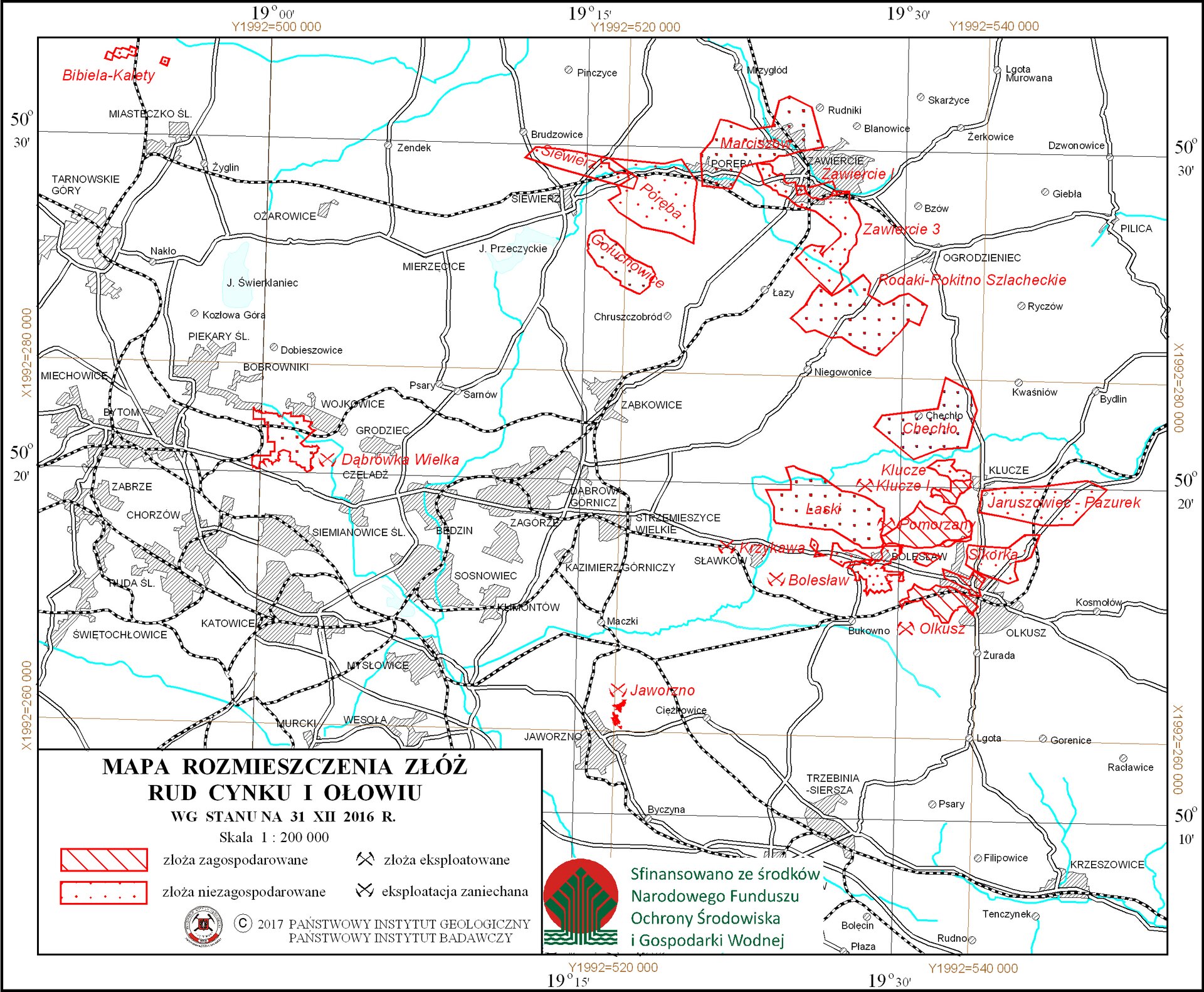 Mapa rozmieszczenia złóż cynku i ołowiu w Polsce. Na mapie jest obszar województwa śląskiego. Zaznaczono złoża zagospodarowane i niezagospodarowane. Złoża niezagospodarowane: w pobliżu Wojkowic, Laski, Chechło, Jaruszowiec-Pazurek, Sikorka, Poręba, Zawiercie 1 i 3, Rodaki-Rokitno Szlacheckie, Siewierz, Gołuchowice, Marciszów, Bibiela-Kalety. Złoża zagospodarowane: na północ od Olkusza - Pomorzany. Eksploatacja zaniechana: Dąbrówka Wielka, Krzykawa, Jaworzno. Złoża eksploatowane: Olkusz, Bolesław, Klucze.
