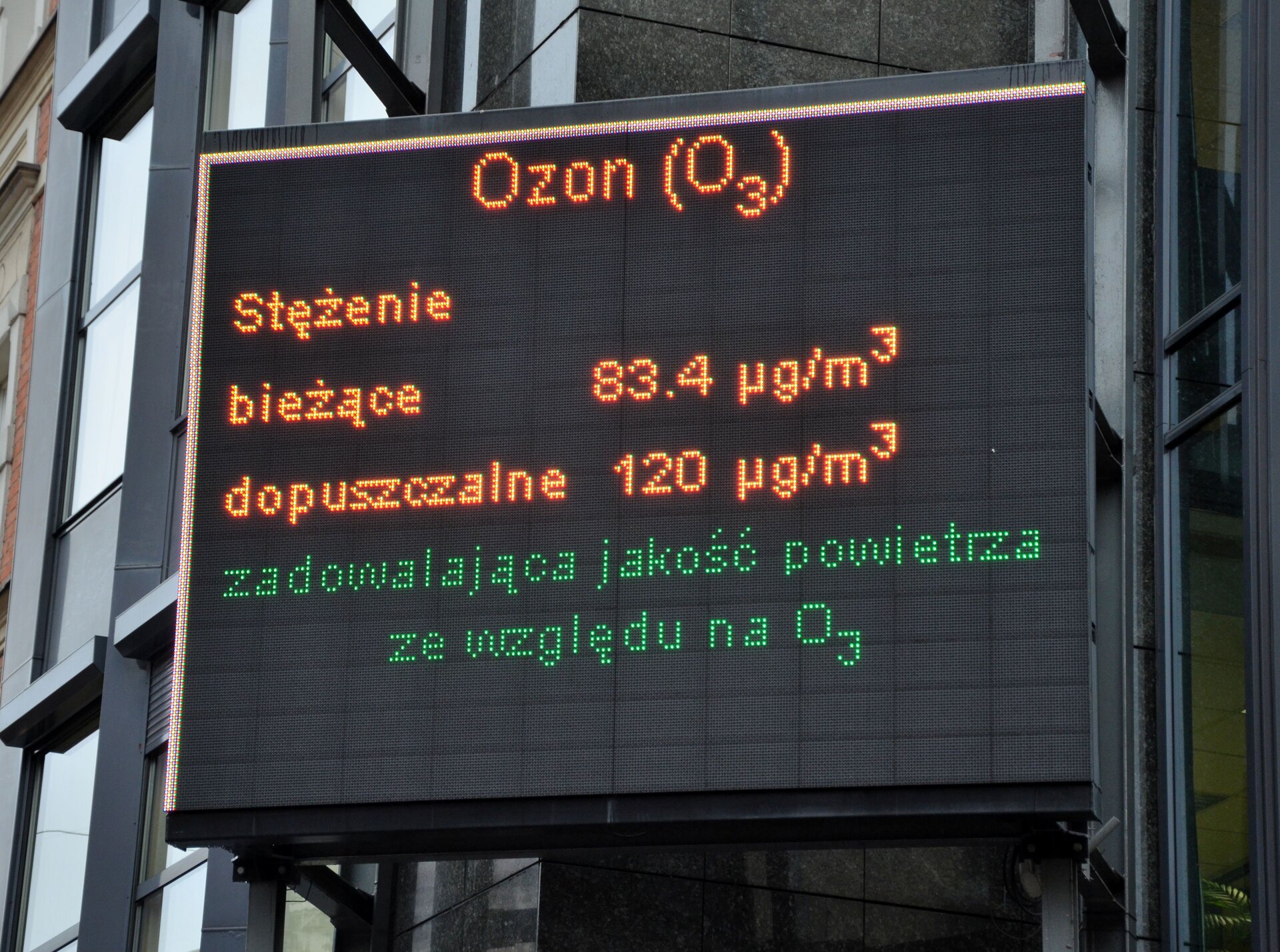 Zdjęcie przedstawiające tablicę informacyjną w centrum miasta, na której wyświetlone jest stężenie bieżące ozonu O3 w powietrzu równe 83,4 mikrograma na metr sześcienny oraz stężenie dopuszczalne 120 mikrogramów na metr sześcienny. Poniżej komunikat na zielono "zadowalająca jakość powietrza ze względu na O3.