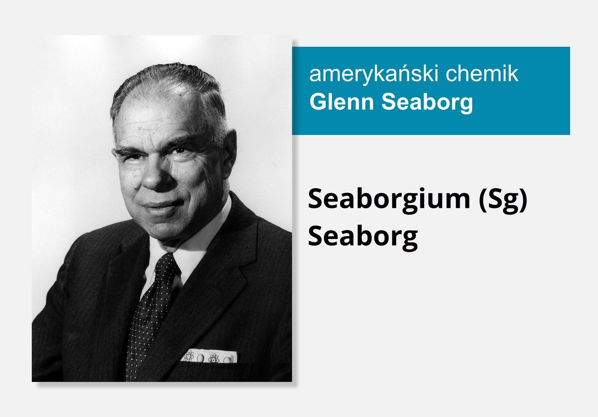 Fotografia amerykańskiego chemika Glenna Seaborga, obok nazwa i symbol pierwiastka Seaborg, nazwa łacińska Seaborgium (Sg).