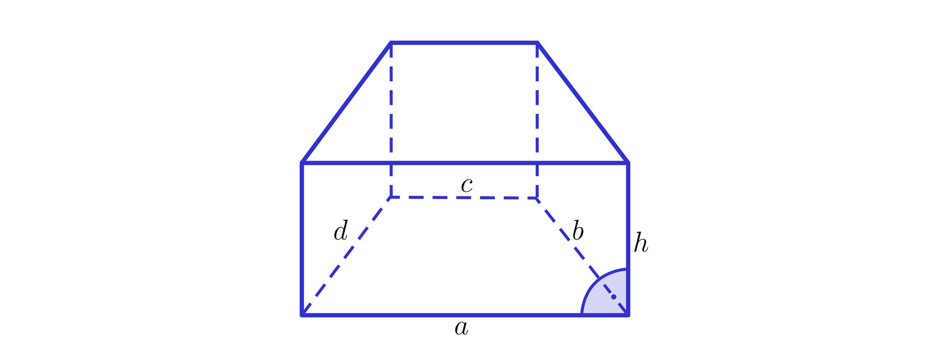 Ilustracja przedstawia graniastosłup czworokątny prosty, który ma w podstawie trapez. Dłuższa podstawa trapezu ma długość a, krótsza c, prawe ramie b , a lewe d. Krawędź boczna jest prostopadła do dłuższej podstawy trapezu i ma długość h.