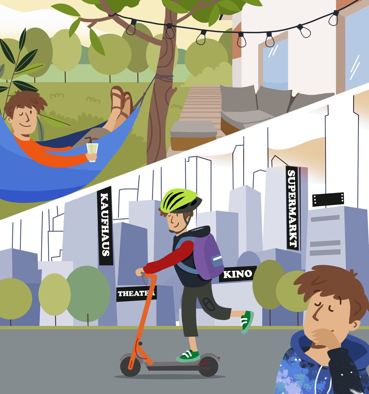 Ilustracja jest podzielona na dwie części. Na górze widoczny jest nastolatek, który odpoczywa na hamaku. W ręce trzyma napój. Po prawej stronie znajduje się dom, a w oddali las. Na dole ilustracji widoczny jest nastolatek, który jedzie na hulajnodze. W oddali znajdują się budynkI, są to: Kaufhause, Theater, Kino oraz Supermarkt. W prawym dolnym rogu widoczny jest nastolatek, który przytrzymuje usta ręką. Ma zamknięte oczy.