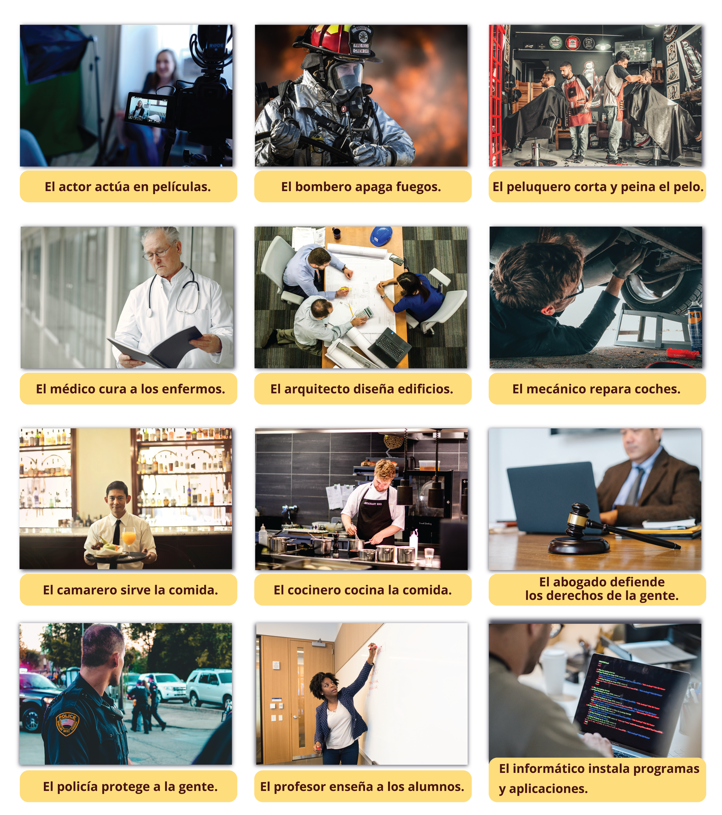 Grafika przedstawia zdjęcia opatrzone zdaniami. Kamera filmująca osobę - El actor actúa en películas. - Strażak w skafandrze na tle ognia - El bombero apaga fuegos. Dwóch fryzjerów w salonie ścinających klientów - El peluquero corta y peina el pelo. Lekarz w fartuchu ze stetoskopem na szyi czytający coś w zeszycie - El médico cura a los enfermos. Grupa architektów siedzących przy stole nad projektem - El arquitecto diseña edificios. Mechanik pracujący przy podwoziu samochodu - El mecánico repara coches. Kelner na tle baru niosący na tacy danie i napój - El camarero sirve la comida. Kucharz w fartuchu, który miesza w garnku - El cocinero cocina la comida. Prawnik siedzący przed laptopem, na pierwszym planie młotek sędziowski - El abogado defiende los derechos de la gente. Policjanci na ulicy - El policía protege a la gente. Nauczycielka pisząca flamastrem po tablicy - El profesor enseña a los alumnos. Informatyk pracujący nad kodem na laptopie - El informático instala programas y aplicaciones. 
