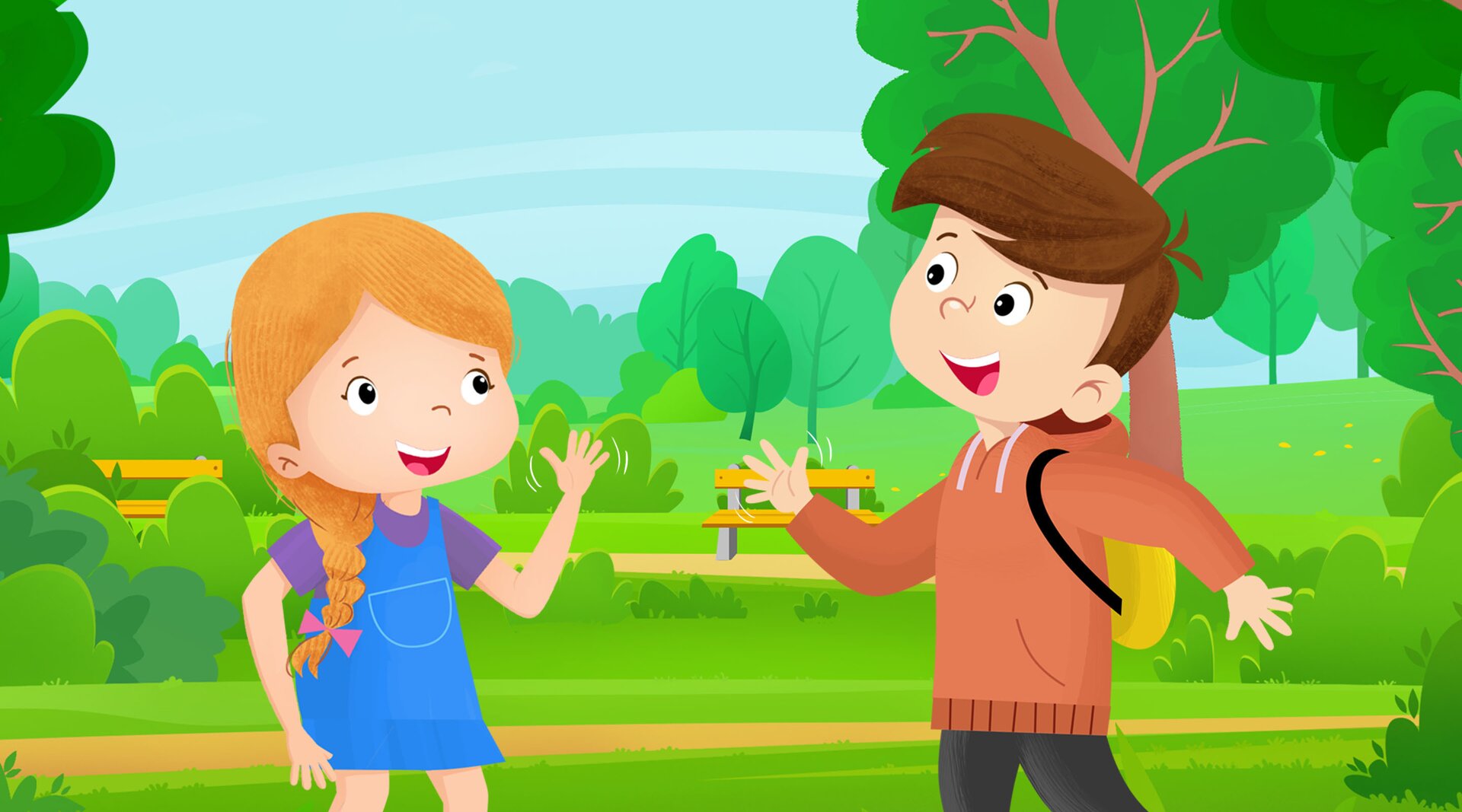 Na ilustracji znajduje się dziewczynka i chłopiec. Cześć!.