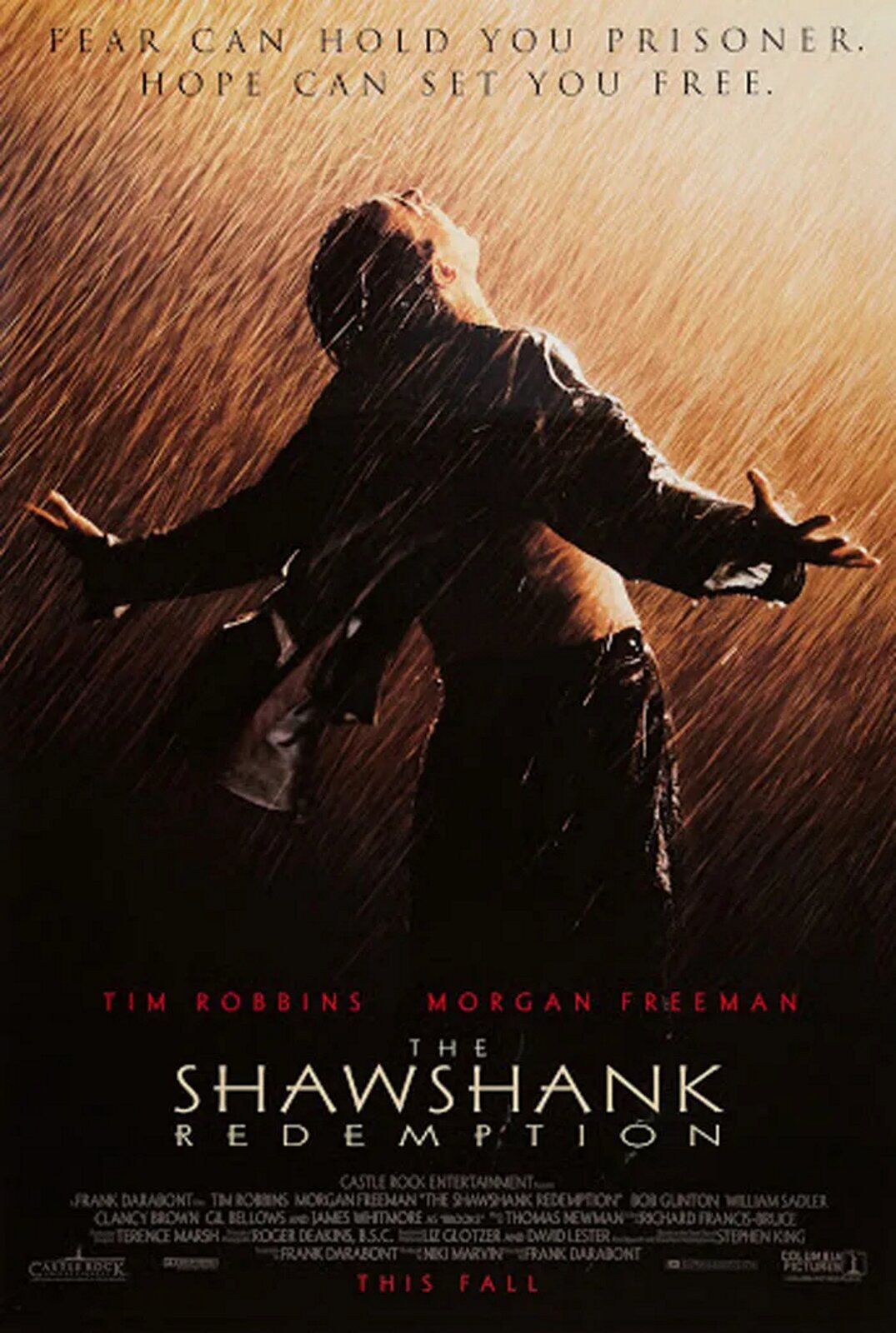 Ilustracja przedstawia plakat z filmu „Skazani na Shawshank” [czytaj: szołszenk]. Na środku plakatu znajduje się mężczyzna odwrócony plecami z rozłożonymi rękoma, który stoi w deszczu. Mężczyzna ubrany jest w płaszcz oraz spodnie. Nad mężczyzną znajduje się napis: Fear can hold you prisoner. Hope can set you free  [czytaj: fir kan hold ju prizoner. hołp kan set ju fri]. W dolnej części ekranu znajdują się napisy zawierające tytuł oraz informacje o filmie.