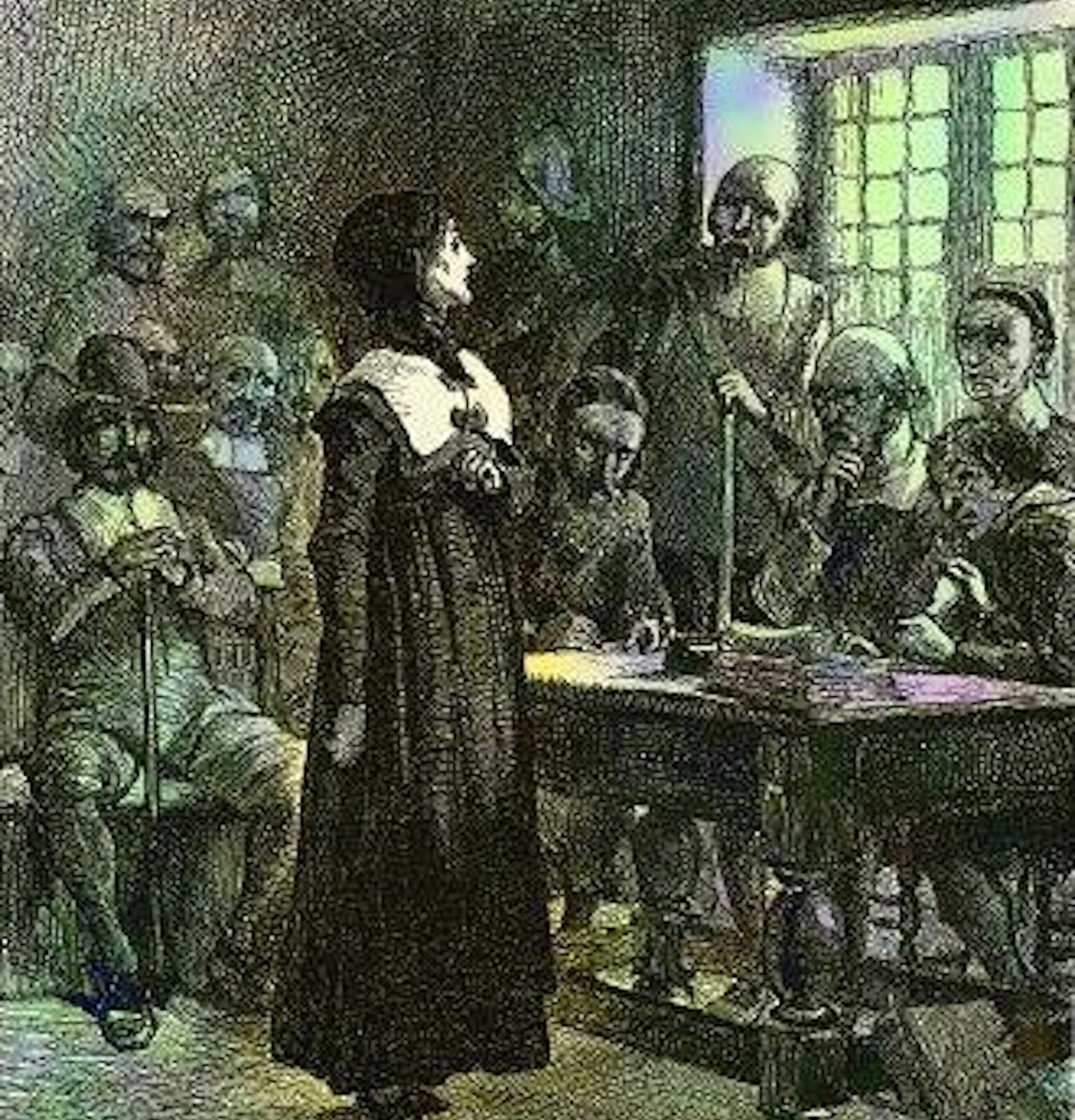 Ilustracja przedstawia kobietę, która stoi dumnie. Przed nią przy biurku siedzi kobieta. Wokół siedzą i stoją mężczyźni, którzy obserwują kobietę.
