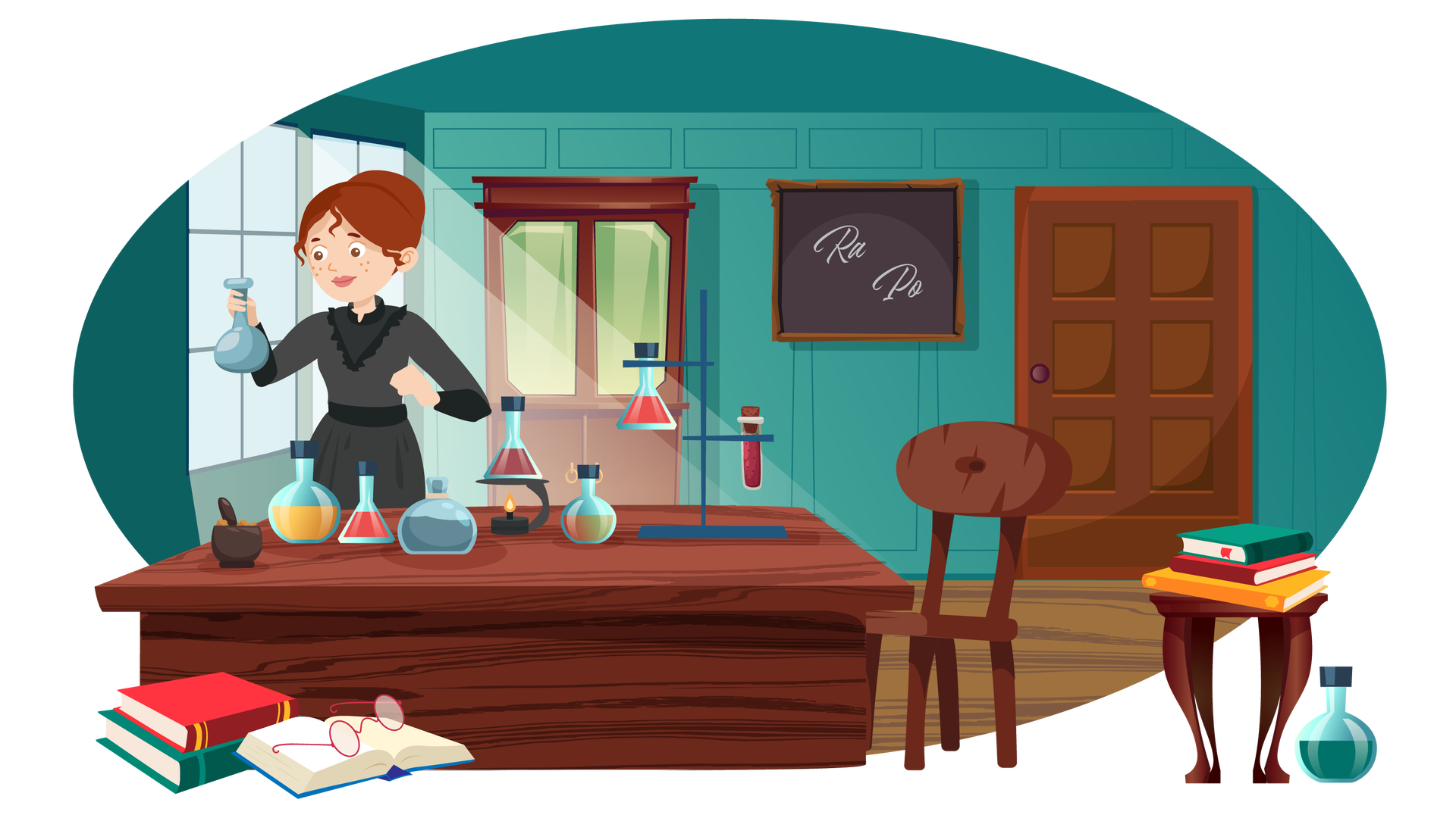 Ilustracja przedstawia pomieszczenie, w którym są ciemnozielone ściany i drewniana podłoga. W tle, po prawej stronie, widać brązowe drzwi. Obok nich wisi na ścianie prostokątna czarna tablica, na której napisano białą kredą dwa symbole: radu i polonu. Pierwszy napis brzmi: „Ra”, a drugi „Po”. Dalej na lewo stoi pod ścianą wysoki brązowy regał z podwójnymi drzwiami oszklonymi do połowy. W ścianie znajdującej się całkiem po lewej stronie ilustracji są dwa duże okna. Na pierwszym planie, po prawej stronie, znajduje się niski ciemnobrązowy stoliczek, na którym są trzy książki ułożone jedna na drugiej. Pierwsza ma ciemnozieloną okładkę, druga czerwoną, a trzecia pomarańczową. Obok stoliczka stoi na podłodze pękata szklana butelka z ciemnozielonym płynem. Jest zamknięta ciemnogranatową nakrętką. Po lewej stronie stoi duże brązowe biurko, na którym znajdują się różne przedmioty. Jest tam ciemnobrązowa miska z ciemnobrązową łyżką w środku, kilka szklanych pojemników wypełnionych kolorowymi płynami, kolejne dwa szklane pojemniki z płynami, umieszczone na metalowym stojaku, i czarna podstawka podgrzewana niewielkim płomieniem. Na podstawce jest kolejny szklany pojemnik z płynem. Po prawej stronie biurka stoi brązowe krzesło, a za biurkiem, po lewej stronie, stoi kobieta. Ma brązowe włosy upięte w kok, jest ubrana w czarną suknię z długimi rękawami. Jest to Maria Skłodowska-Curie. W prawej dłoni trzyma pękaty szklany pojemnik, na który spogląda. W lewym dolnym rogu ilustracji znajdują się trzy książki. Dwie z nich są ułożone jedna na drugiej. Pierwsza ma czerwoną okładkę, a druga ciemnozieloną. Trzecia książka ma niebieską okładkę i jest otwarta. Leżą na niej okulary w okrągłych ciemnoróżowych oprawkach.