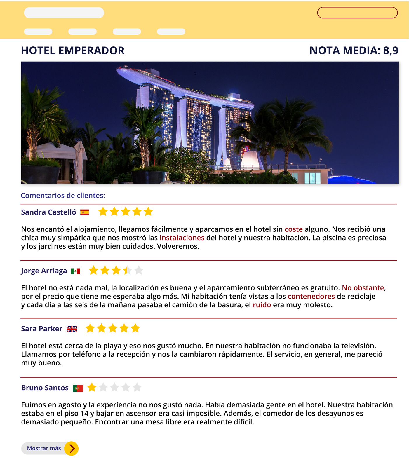 Grafika przedstawia stronę internetową z opiniami na temat hotelu. Na samej górze znajduje się nazwa hotelu HOTEL EMPERADOR oraz ocena NOTA MEDIA: 8,9. Poniżej znajduje się sekcja z komentarzami klientów Comentarios de clientes: Każdy komentarz poprzedzony jest imieniem i nazwiskiem użytkownika, flagą oraz liczba gwiazdek. 
Sandra Sánchez, flaga Hiszpanii, pięć gwiazdek.  
Treść komentarza Nos encantó el alojamiento, llegamos fácilmente y aparcamos en el hotel sin coste alguno. Nos recibió una chica muy simpática que nos mostró las instalaciones del hotel y nuestra habitación. La piscina es preciosa y los jardines están muy bien cuidados. Volveremos. 
Jorge Arriaga, flaga Meksyku, trzy i pół gwiazdki.  
Treść komentarza El hotel no está nada mal, la localización es buena y el aparcamiento subterráneo es gratuito. No obstante, por el precio que tiene me esperaba algo más. Mi habitación tenía vistas a los contenedores de reciclaje y cada día a las seis de la mañana pasaba el camión de la basura, el ruido era muy molesto. 
Sara Parker, flaga Wielkiej Brytanii, pięć gwiazdek.  
Treść komentarza El hotel está cerca de la playa y eso nos gustó mucho. En nuestra habitación no funcionaba la televisión. Llamamos por teléfono a la recepción y nos la cambiaron rápidamente. El servicio, en general, me pareció muy bueno. 
Bruno Santos , flaga Portugalii, jedna gwiazdka. 
Treść komentarza Fuimos en agosto y la experiencia no nos gustó nada. Había demasiada gente en el hotel. Nuestra habitación estaba en el piso 14 y bajar en ascensor era casi imposible. Además, el comedor de los desayunos es demasiado pequeño. Encontrar una mesa libre era realmente difícil.. 
Na samym dole przycisk z napisem Mostrar más…