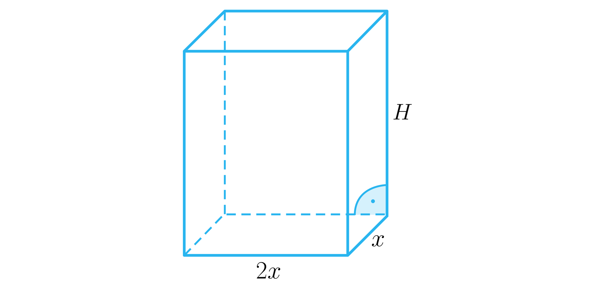 Ilustracja przedstawia prostopadłościan o prostokątnej podstawie o wymiarach 2 x na x oraz o wysokości H.