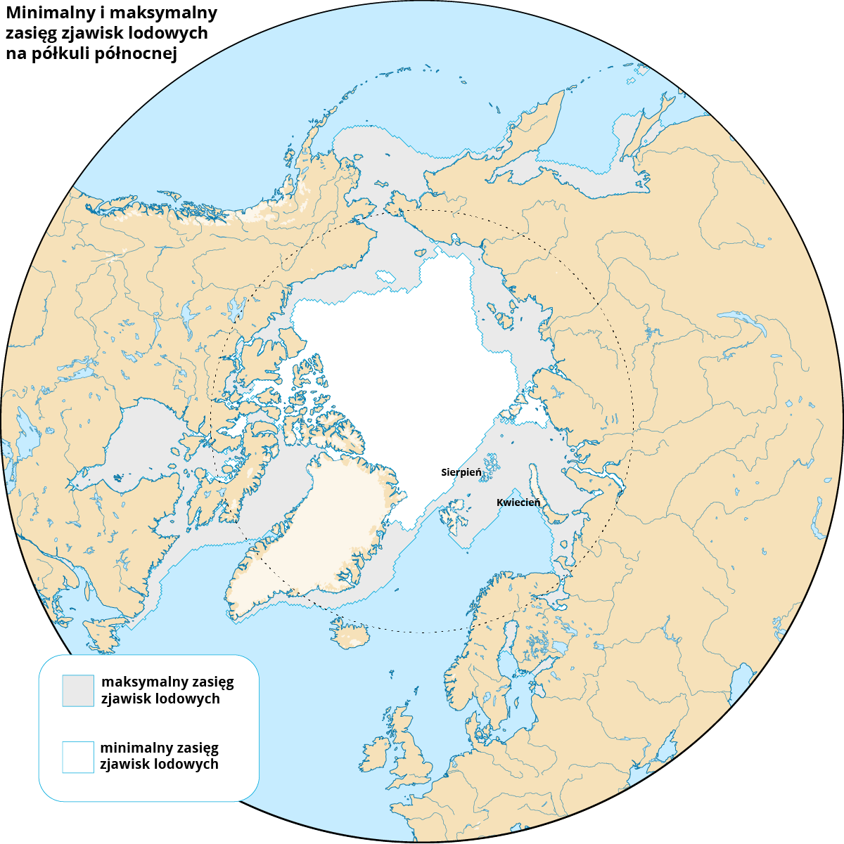 Na ilustracji jest kula ziemska. Na półkuli północnej przedstawiono minimalny i maksymalny zasięg zjawisk lodowych. Maksymalny zasięg zjawisk lodowych przypada na Ocenie Arktycznym na kwiecień, a minimalny na sierpień. U wybrzeży Ameryki Północnej zasięg pokrywy lodowej w kwietniu sięga dalej na południe niż u wybrzeży Europy.