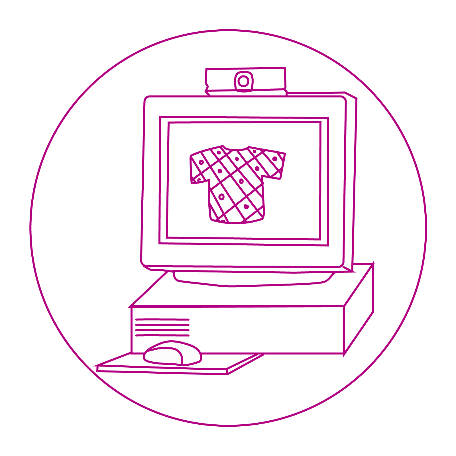 Na grafice widoczny monitor starego typu, na nim umieszczona kamerka, pod nim płaski komputer, przed nim myszka. Na ekranie znajduje się rysunek bluzki z krótkim rękawem.