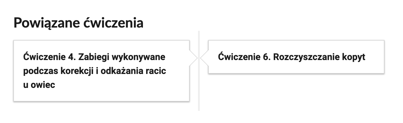 Grafika przedstawia przykładowe przyciski powiązanych ćwiczeń z danym multimedium. Przedstawiono dwa kafelki. Pierwszy kafelek zawiera napis: Ćwiczenie czwarte. Zabiegi wykonywane podczas korekcji i odkażania racic u owiec. Drugi kafelek zawiera napis: Ćwiczenie szóste. Rozczyszczanie kopyt.